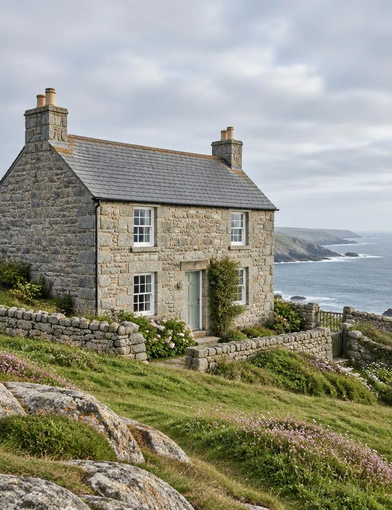 Illustrative Cornish granite cottage beside the coast